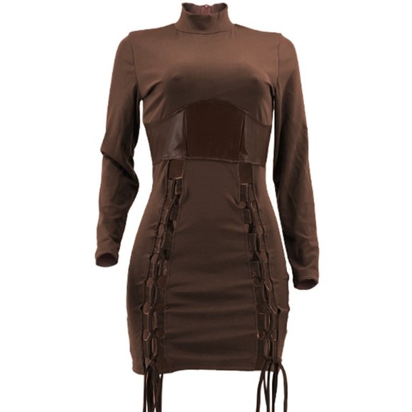 Spliced PU Leather Lace-Up Mock Neck Dress - Picture 1 of 2